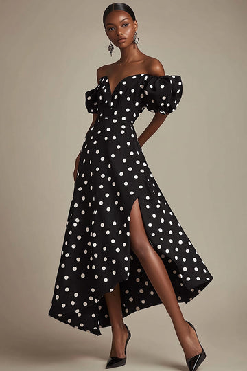 ZAPAKA Women Black White Satin Long Polka Dots Dress with Slit Puff Sleeves A Line Off The Shoulder Vintage Summer Dress